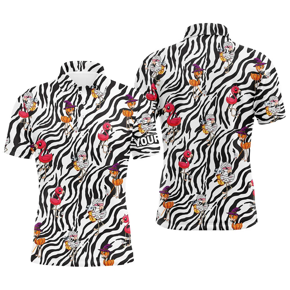 Halloween Flamingo Mens Golf Polos Shirts Custom Black And White Zebra Pattern Golf Tees For Mens