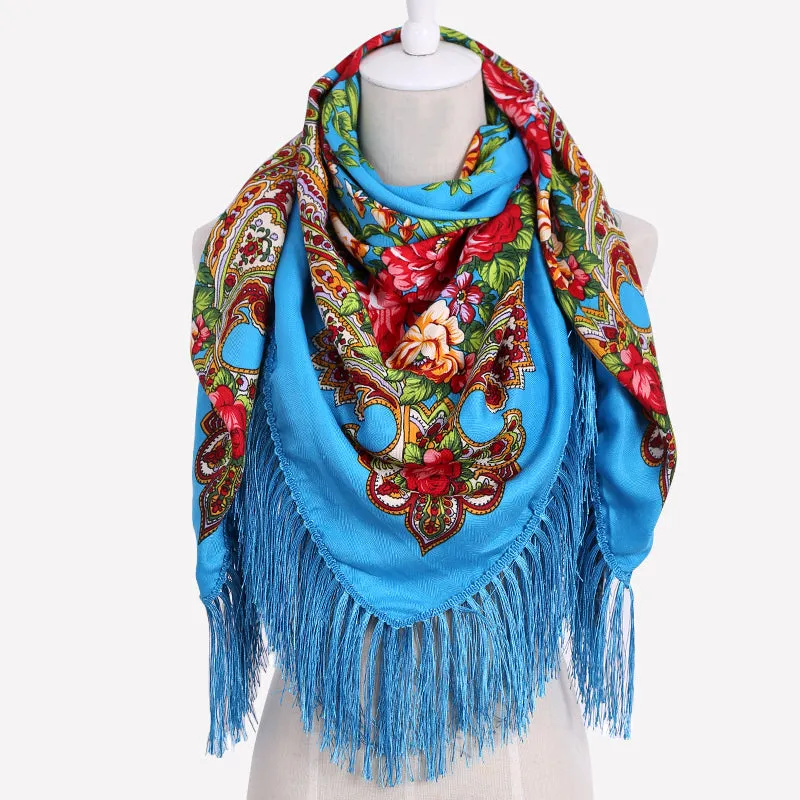 HOT Sale Russian Brand New Fashion Big Size Square Scarf Cotton Long Tassel Print Scarf in Spring Winter Shawl For Women floural