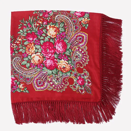 HOT Sale Russian Brand New Fashion Big Size Square Scarf Cotton Long Tassel Print Scarf in Spring Winter Shawl For Women floural