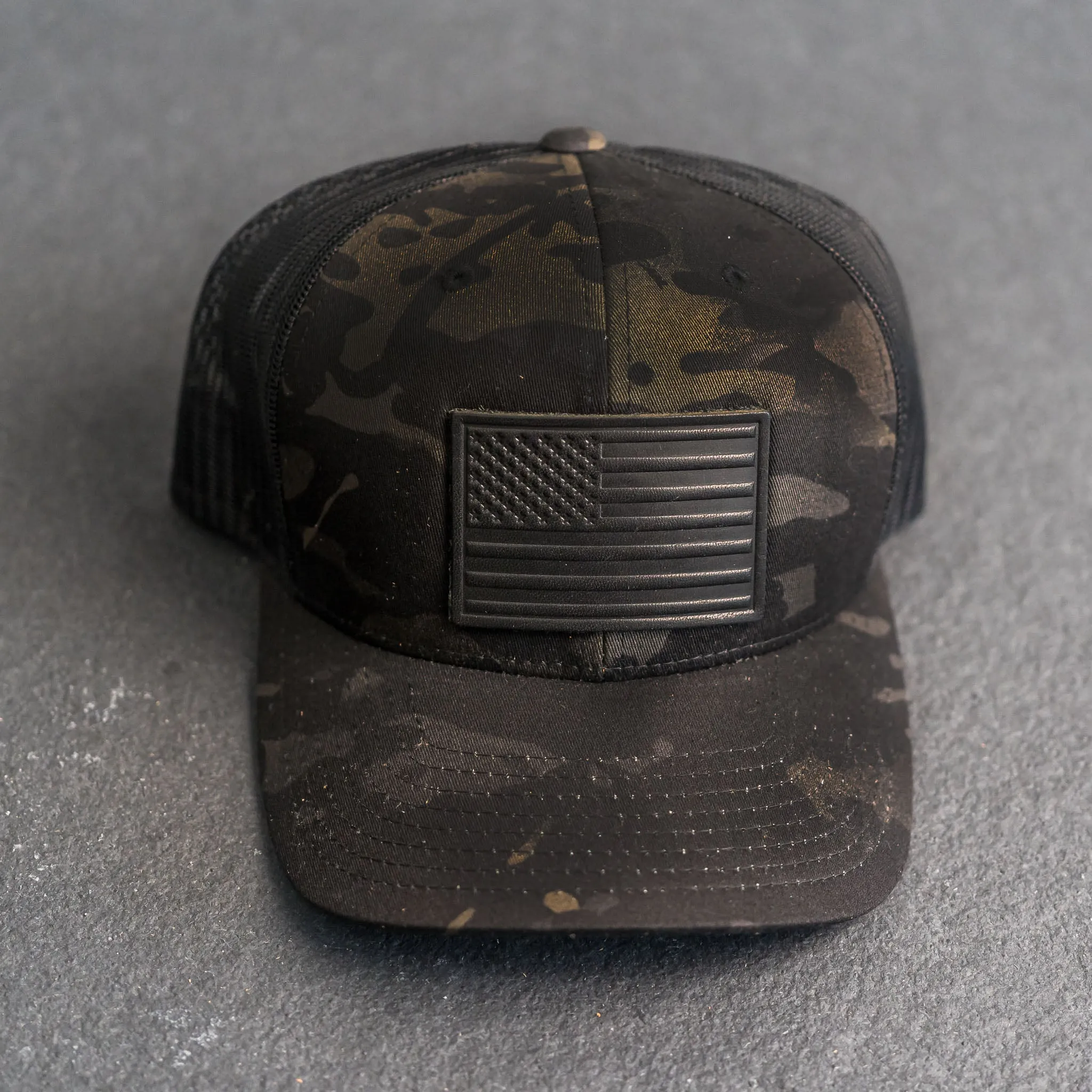 Leather Patch Trucker Style Hats - Black Multicam w/Black Leather Patch - American Flag