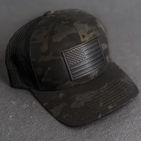 Leather Patch Trucker Style Hats - Black Multicam w/Black Leather Patch - American Flag