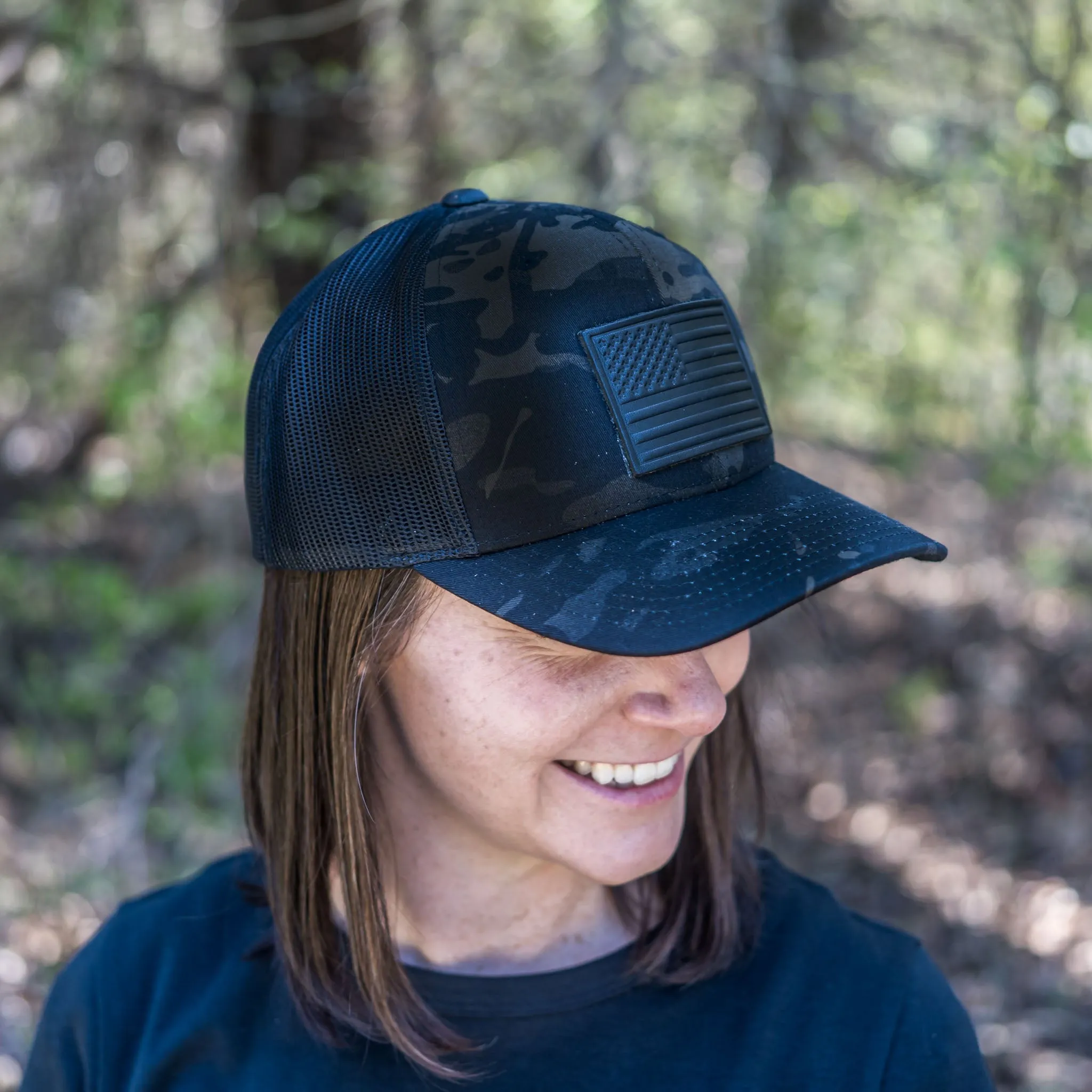 Leather Patch Trucker Style Hats - Black Multicam w/Black Leather Patch - American Flag