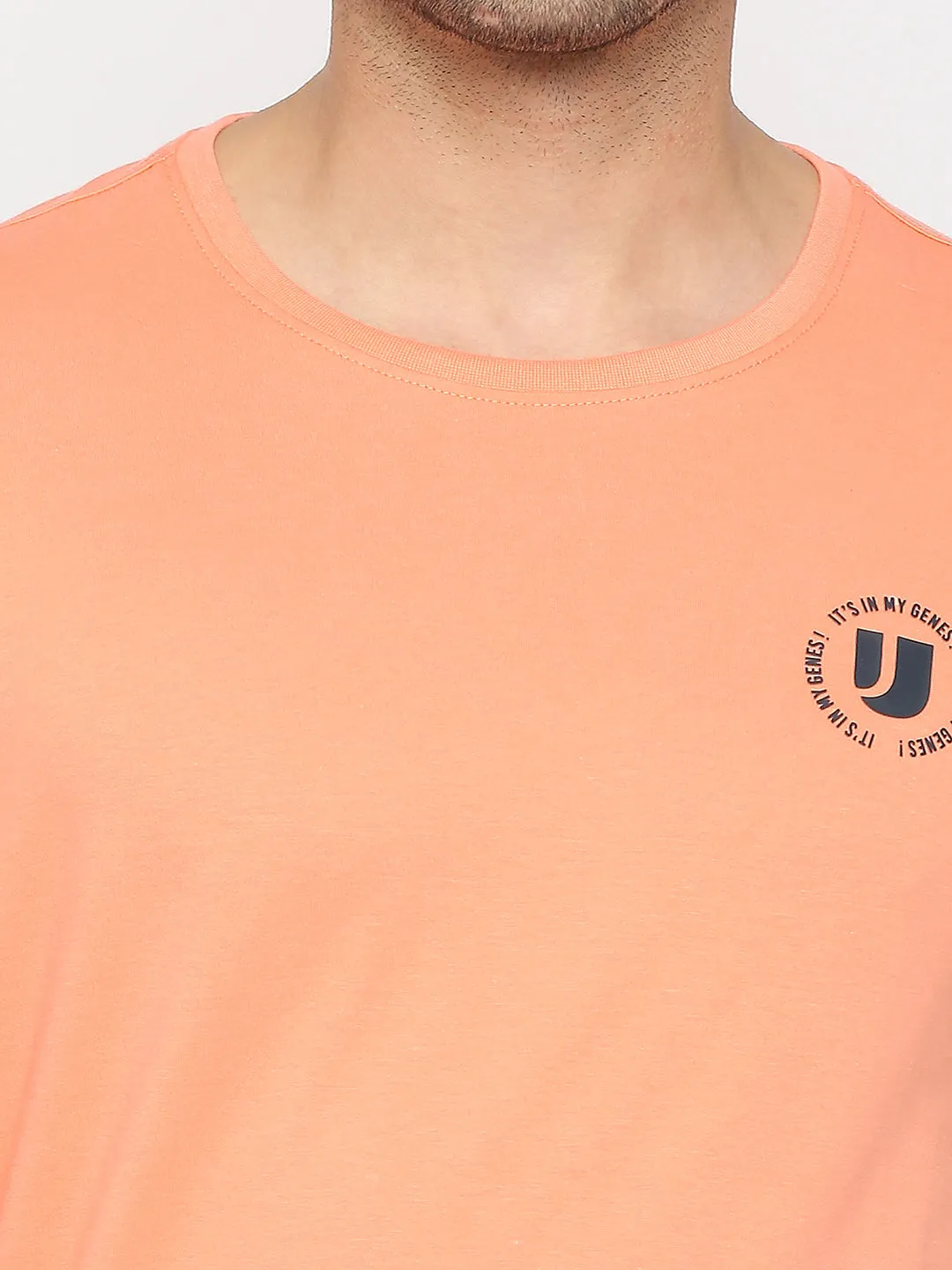 Men Premium Peach Cotton Round Neck Plain Tshirt- Underjeans By Spykar