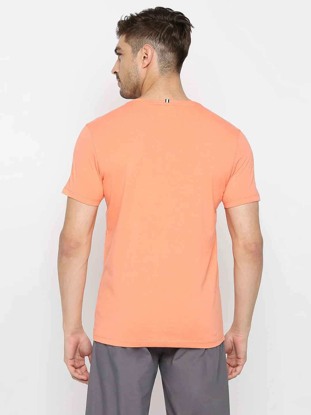 Men Premium Peach Cotton Round Neck Plain Tshirt- Underjeans By Spykar