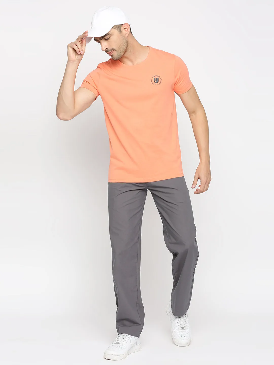 Men Premium Peach Cotton Round Neck Plain Tshirt- Underjeans By Spykar