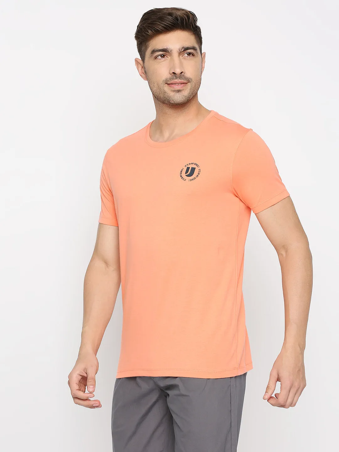 Men Premium Peach Cotton Round Neck Plain Tshirt- Underjeans By Spykar