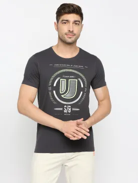 Men Premium Slate Grey Cotton Round Neck Printed Tshirt- Underjeans By Spykar