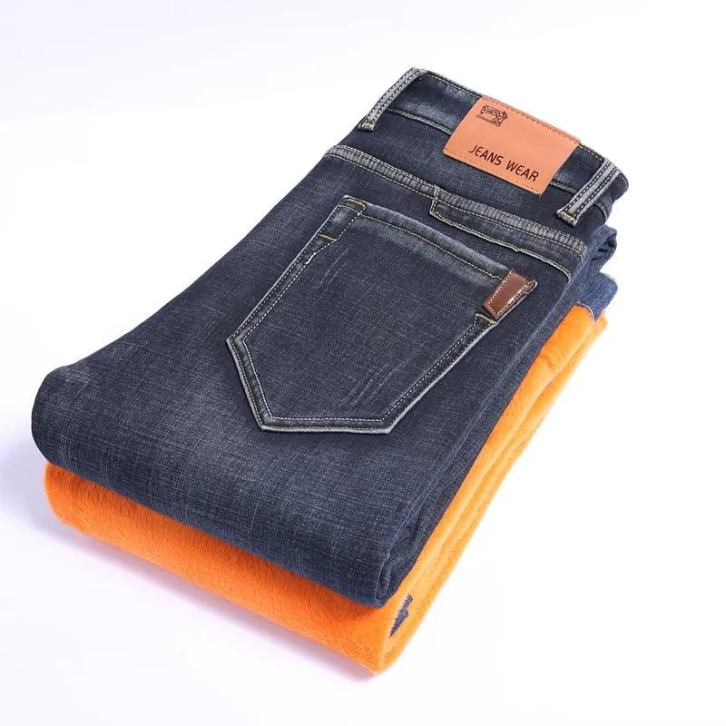 Men Winter Thermal Warm Flannel Stretch Straight Denim Jeans