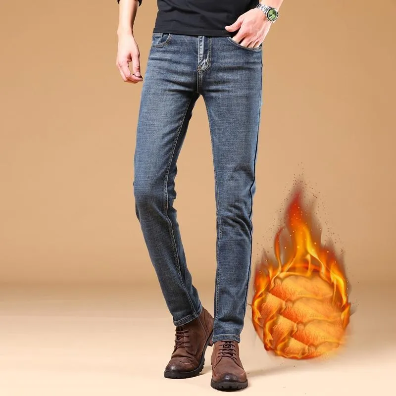 Men Winter Thermal Warm Flannel Stretch Straight Denim Jeans