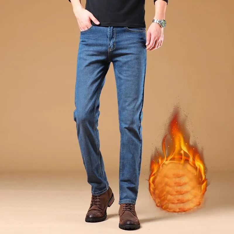 Men Winter Thermal Warm Flannel Stretch Straight Denim Jeans