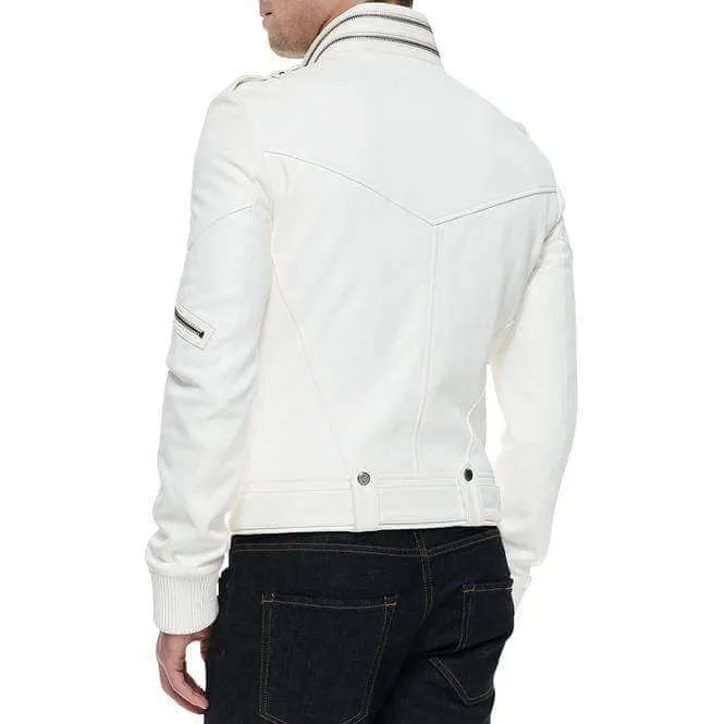 Men's Fashion Leather White Jacket, Men's Genuine Leather Belted Jacket