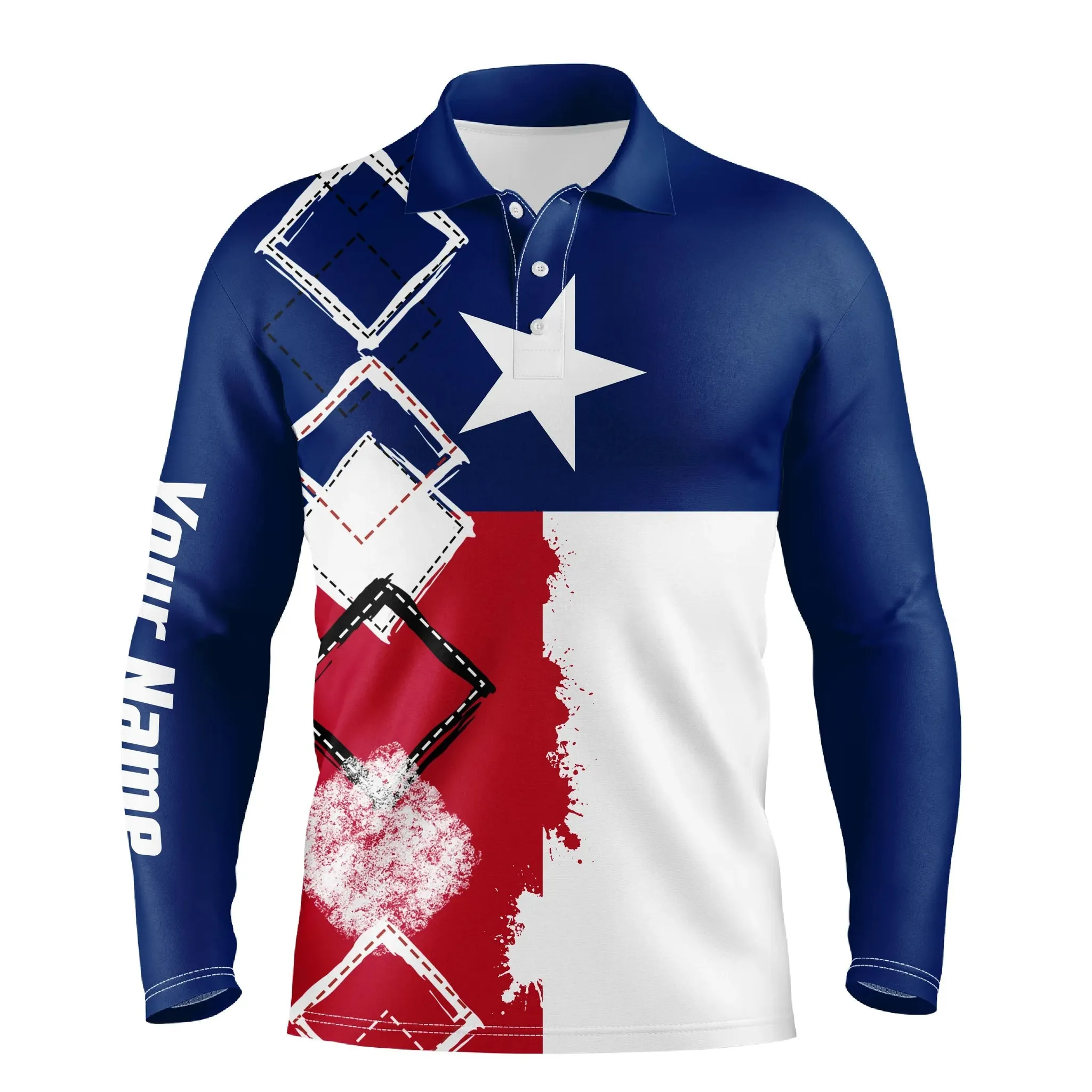 Mens Golf Long Sleeve Polo Shirts Texas Flag Patriot Custom Name Golf Shirts For Men, Gift For The Golfers