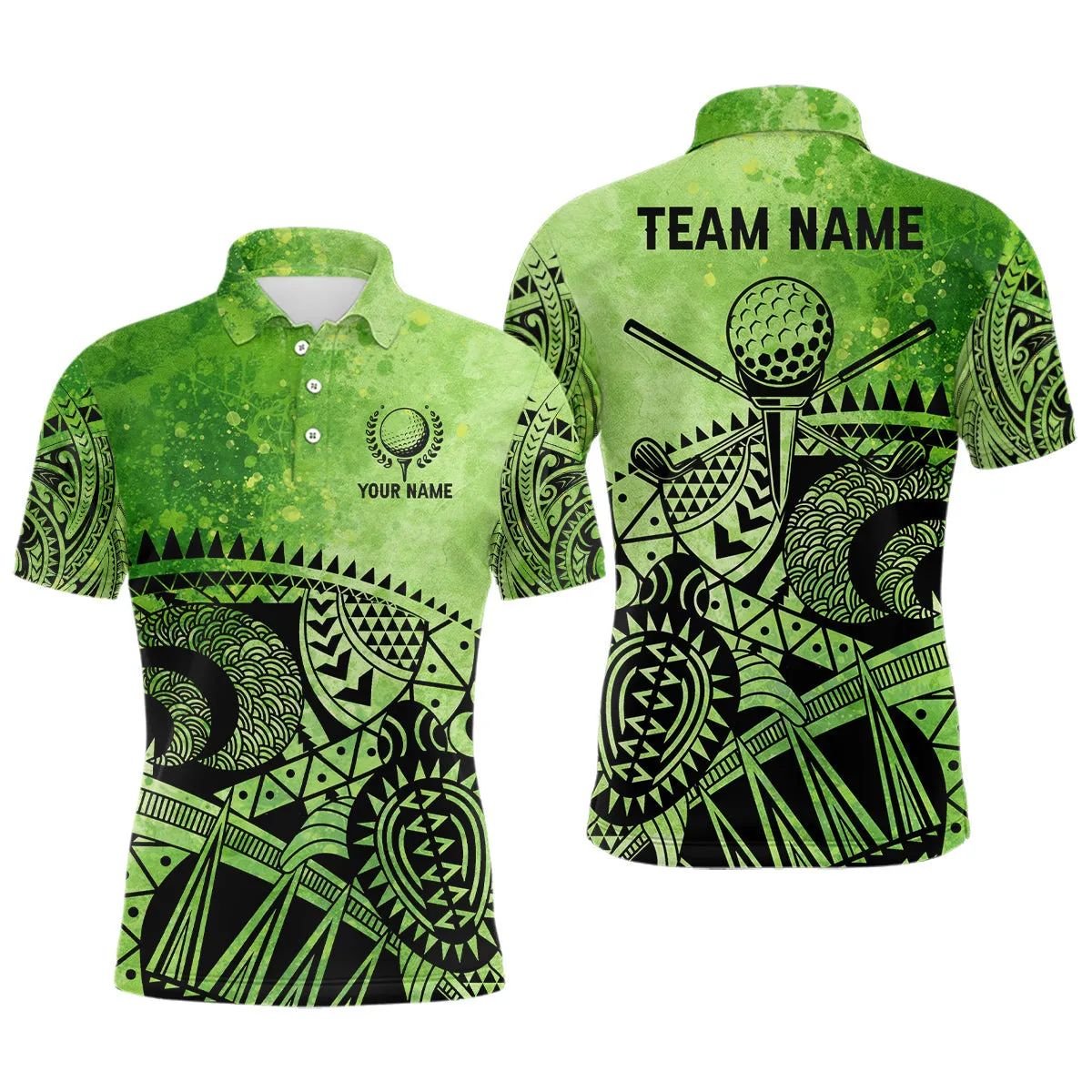 Mens Golf Polo Shirts Custom Name Tribal Pattern Men's Golf Polos, Best Mens Golf Wears Green