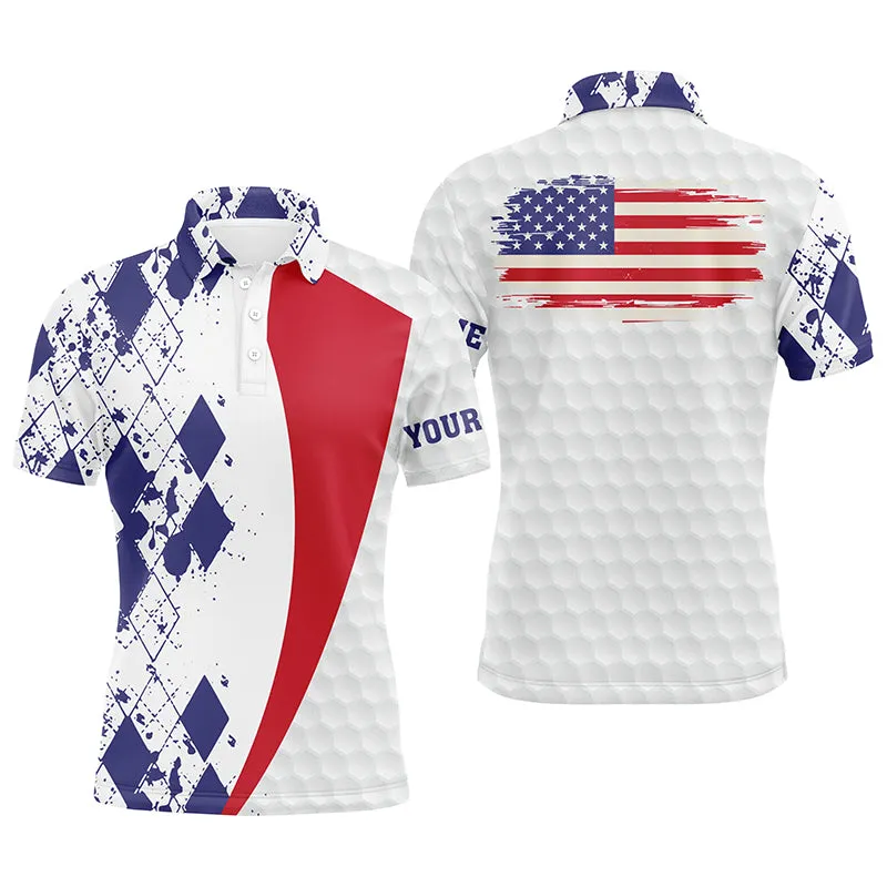 Mens Golf Polos Shirts Custom American Flag Blue Argyle Pattern White Golf Ball Men'S Golf Shirts