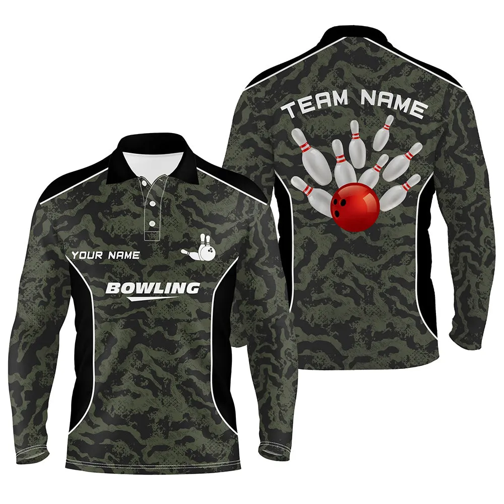 Mens Long Sleeve Polo Bowling Shirts Custom Bowling Ball And Pins Multicolor Camo Bowling Team Jersey For Men