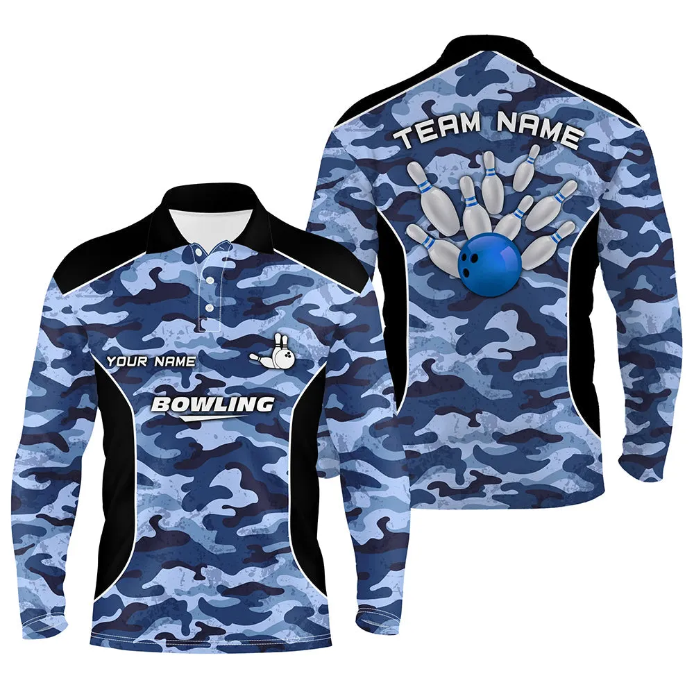 Mens Long Sleeve Polo Bowling Shirts Custom Bowling Ball And Pins Multicolor Camo Bowling Team Jersey For Men