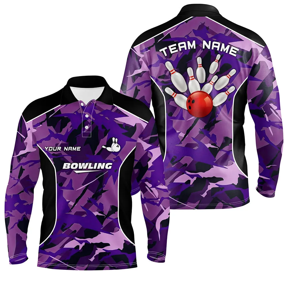 Mens Long Sleeve Polo Bowling Shirts Custom Bowling Ball And Pins Multicolor Camo Bowling Team Jersey For Men