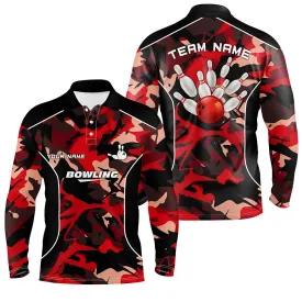 Mens Long Sleeve Polo Bowling Shirts Custom Bowling Ball And Pins Multicolor Camo Bowling Team Jersey For Men