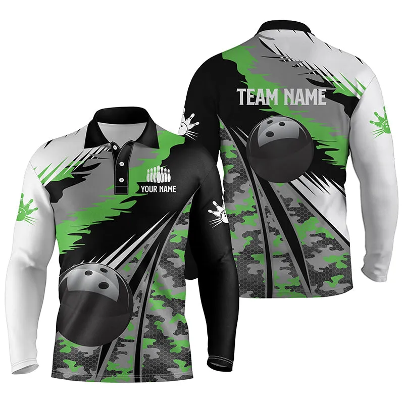 Mens Polo Bowling Shirts Custom Black Ball Multicolor Camo Bowling Team Jersey, Gift For Bowlers