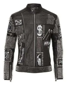 Mens Punk Biker Full Black Studded Embroidery Patches Leather Jacket