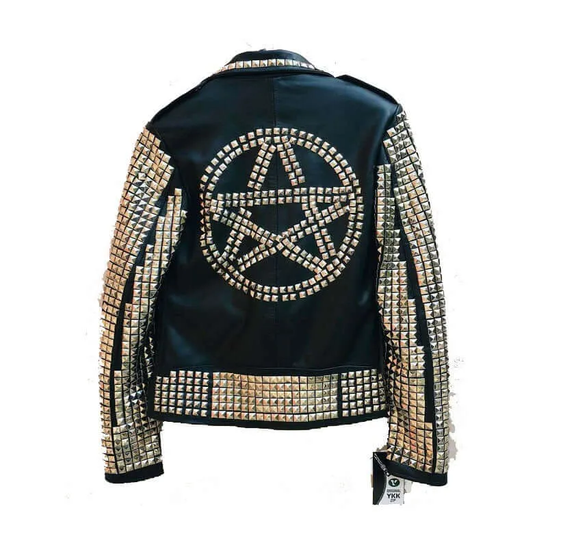 Men's Punk Style Golden Studded Black Zipper Leather Jacket