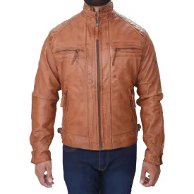 Men's Tan Biker Fashion Slim Fit Pure Leather Jacket