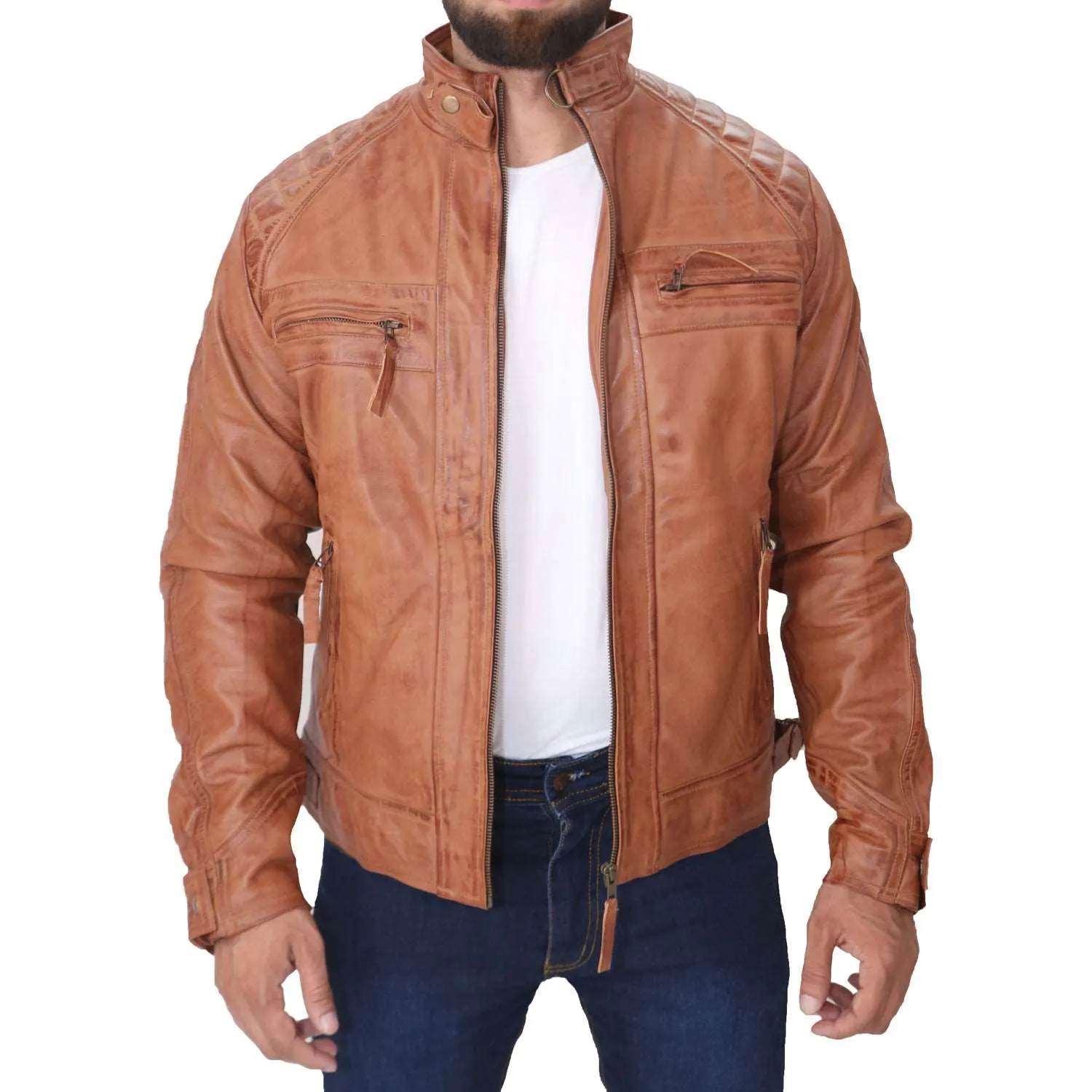 Men's Tan Biker Fashion Slim Fit Pure Leather Jacket