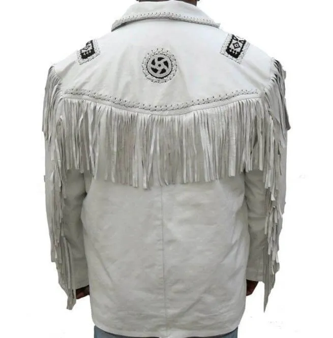 Men's Western Leather Jacket, Handmade Cowboy White Fringe Jacket