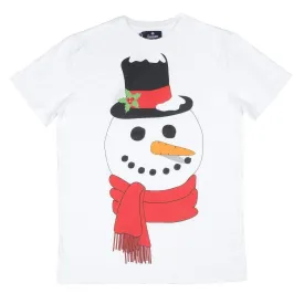 Mens White Christmas T-Shirt With Large Snowman Head Print