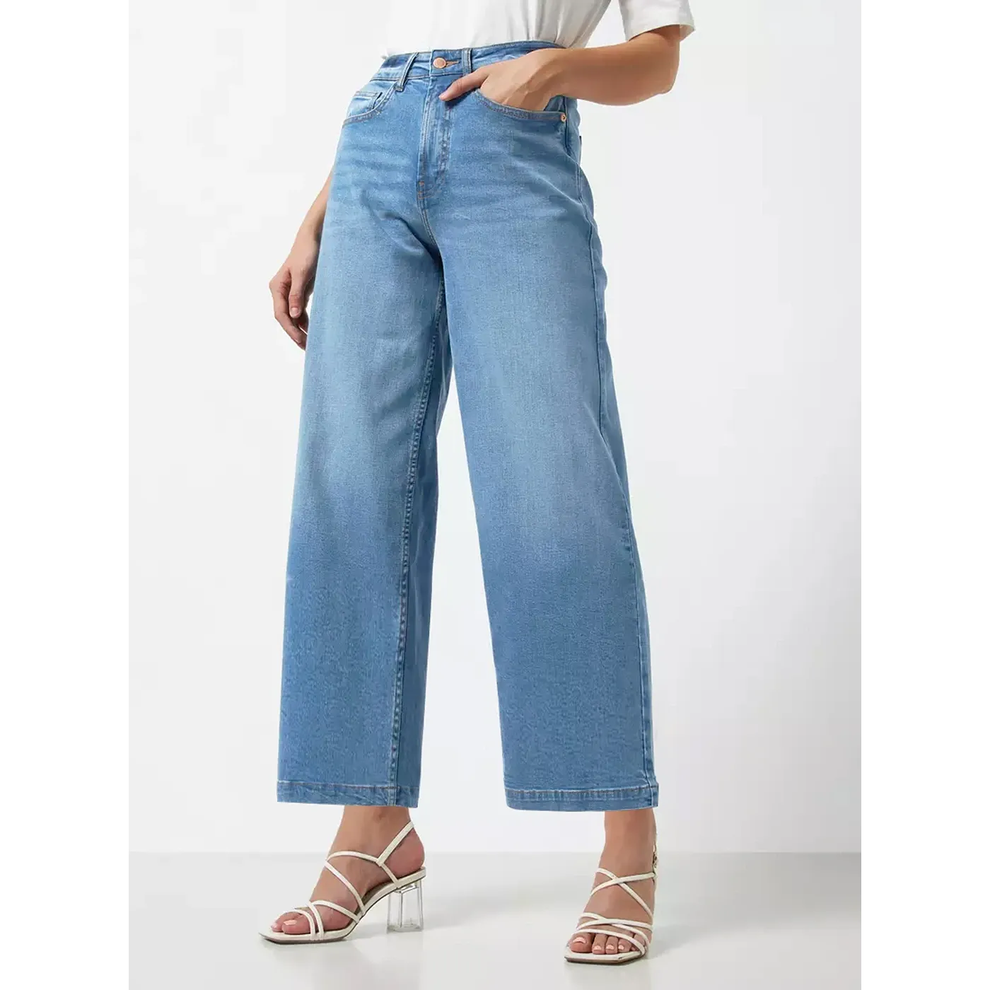 Mid Blue High Rise Wide Leg Culotte Jeans