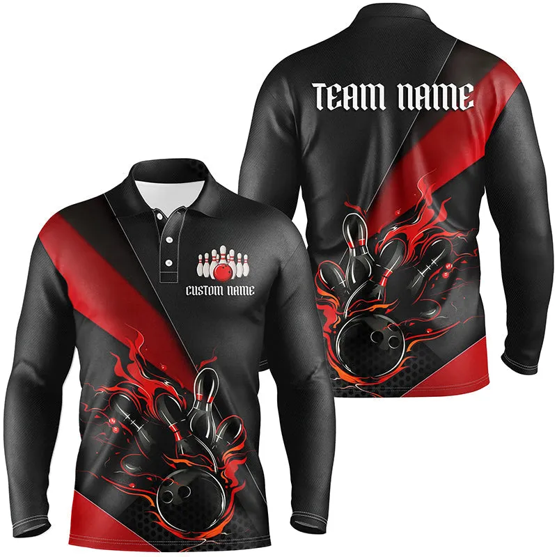 Multicolor And Black Custom Flame Bowling Shirt For Men, Long Sleeve Bowling Team Shirts With Name