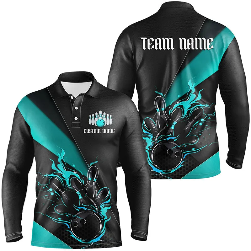 Multicolor And Black Custom Flame Bowling Shirt For Men, Long Sleeve Bowling Team Shirts With Name