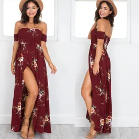 New Boho style long dress women Off shoulder beach summer dresses Floral print Vintage Slash neck maxi dress vestidos de festa