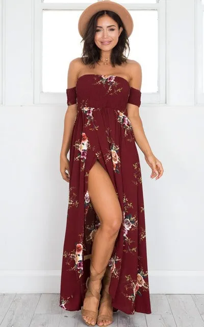 New Boho style long dress women Off shoulder beach summer dresses Floral print Vintage Slash neck maxi dress vestidos de festa