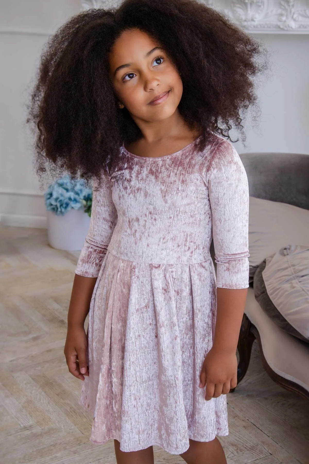 Pale Pink Crushed Velvet Skater Easter Party Mommy & Me Dresses