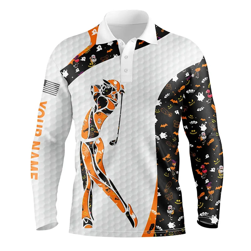 Personalized Black Halloween Pattern White Mens Golf Long Sleeve Polo Shirts Custom Halloween Golf Gift