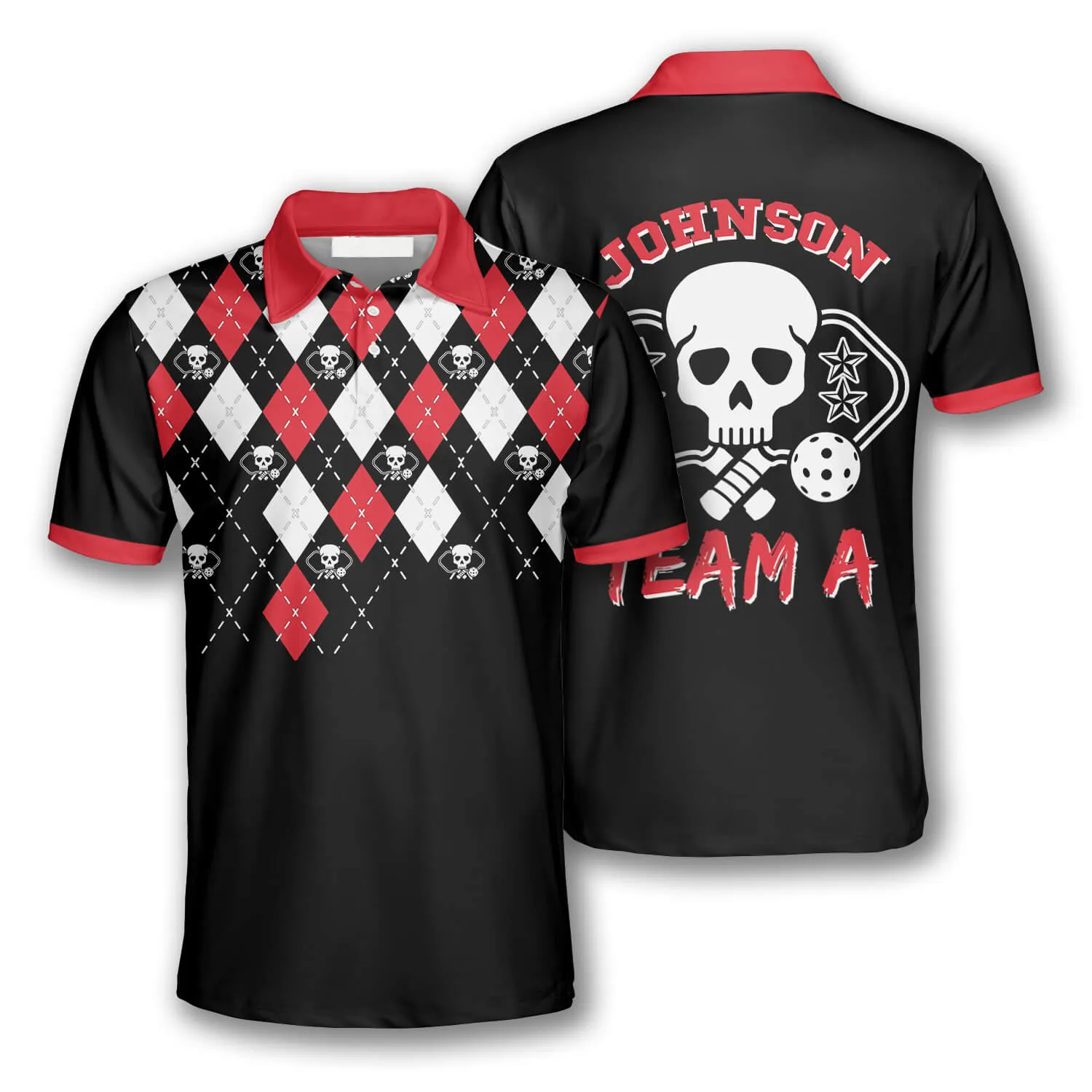 Personalized Skull Argyle Pattern Custom Pickleball Polo Shirts for Men