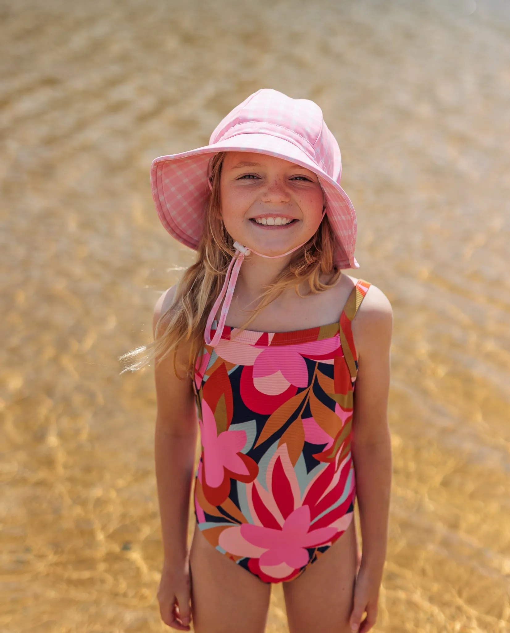 Pink Gingham Wide Brim Swim Hat