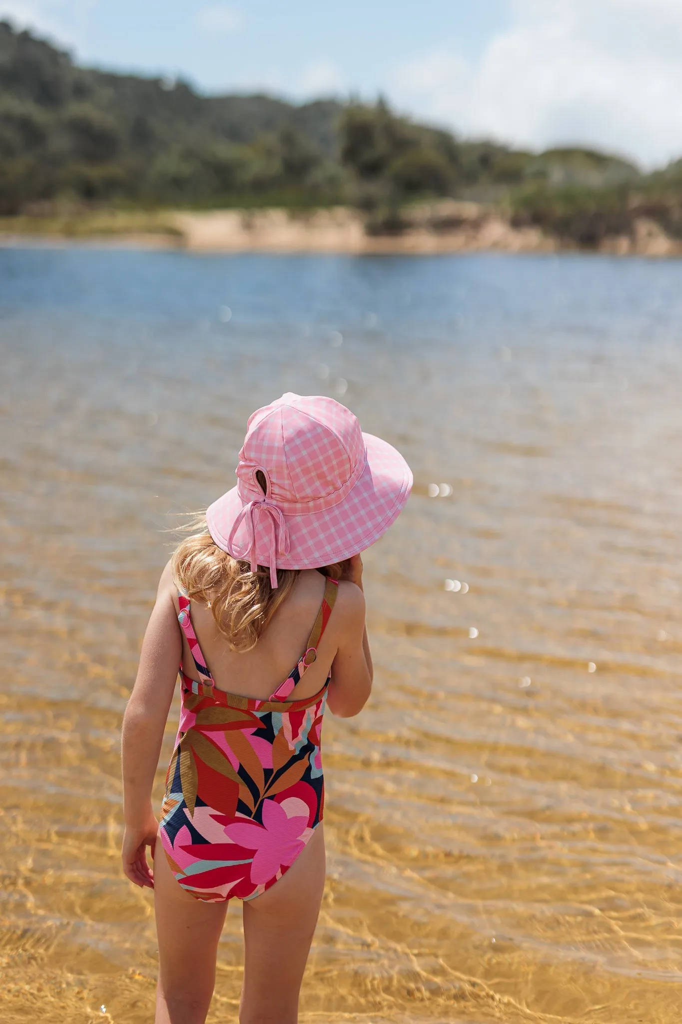 Pink Gingham Wide Brim Swim Hat