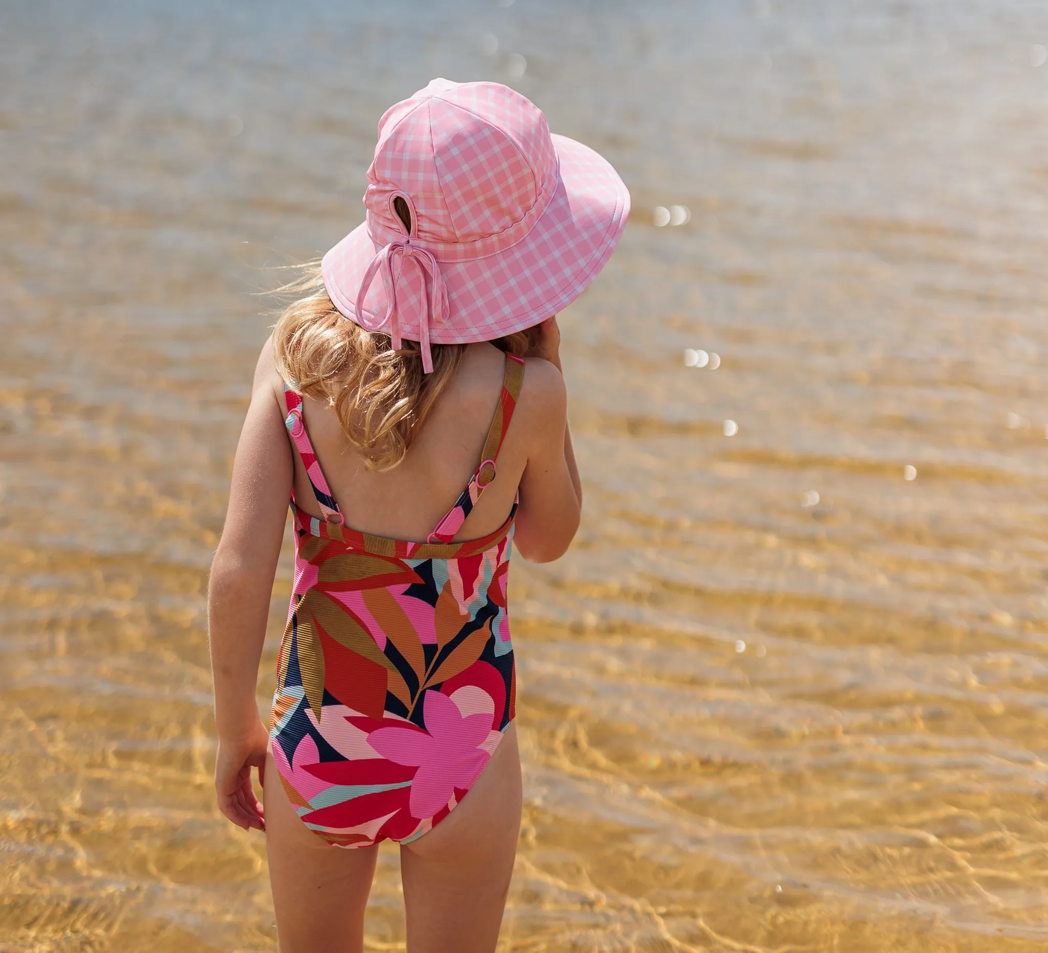 Pink Gingham Wide Brim Swim Hat