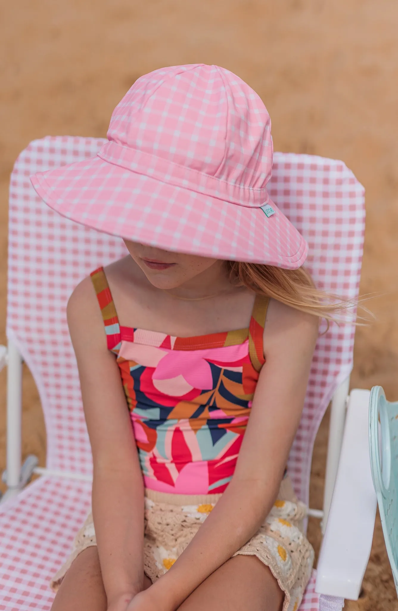 Pink Gingham Wide Brim Swim Hat