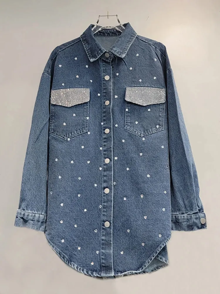 Pre Order:  Diamond Pocket Long Sleeve Loose Denim Shirt