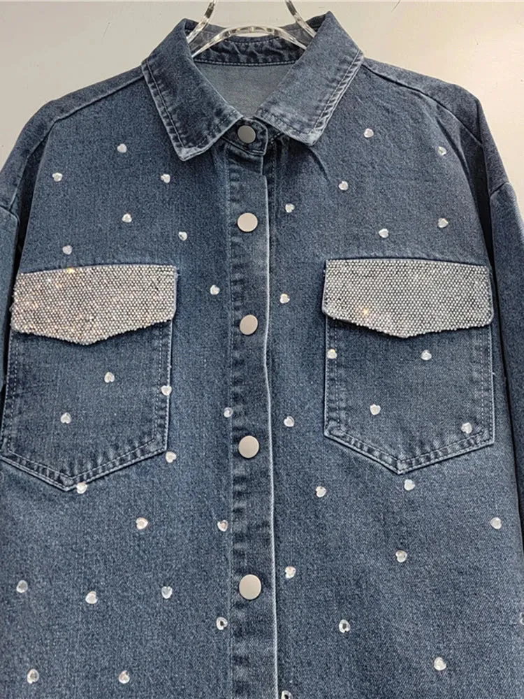 Pre Order:  Diamond Pocket Long Sleeve Loose Denim Shirt