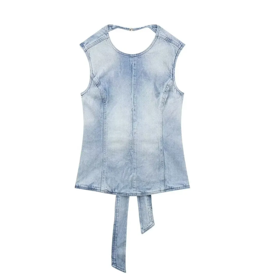 Pre Order:  Vintage Backless Lace Up Denim Vest