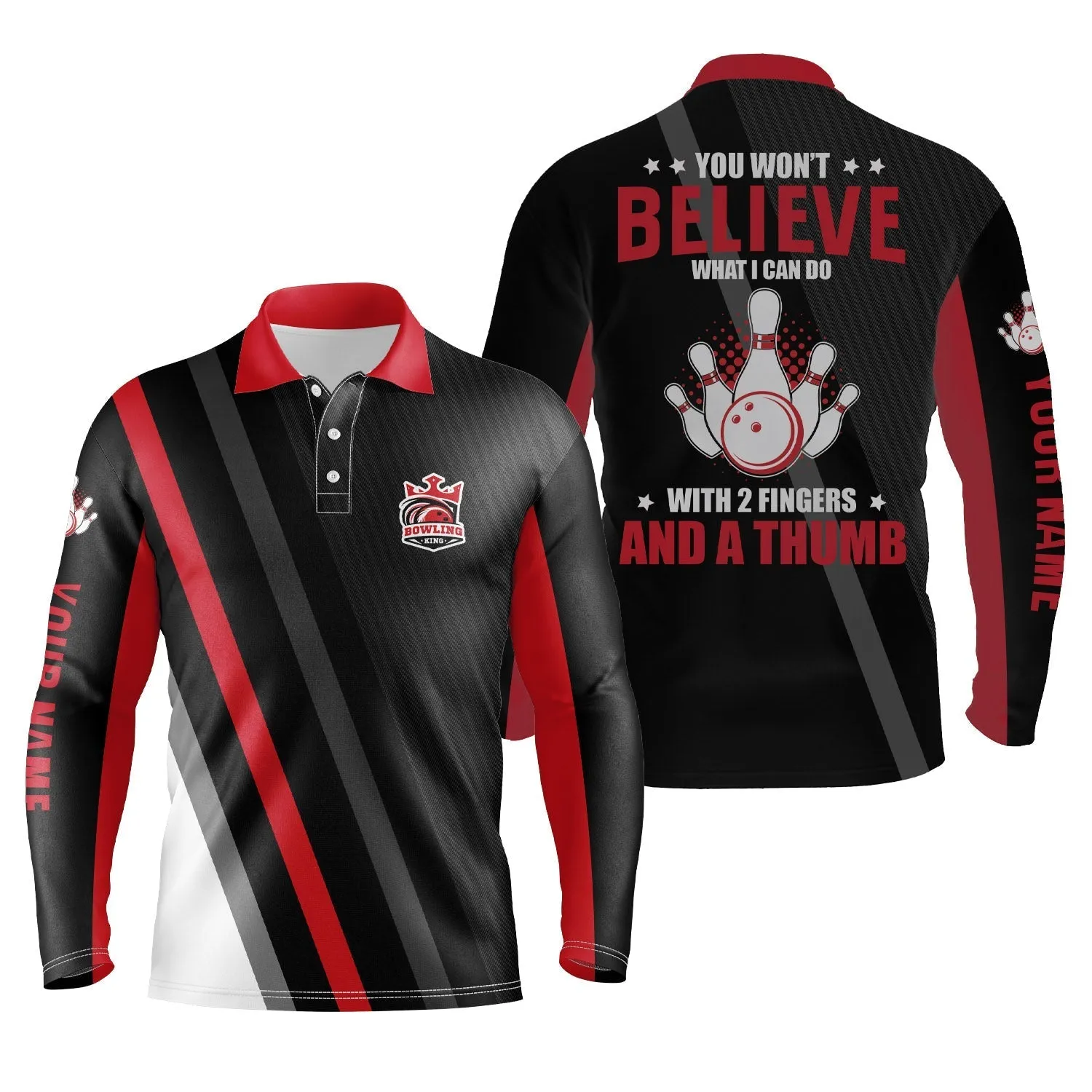 Red & Black Mens Long Sleeve Polo Bowling Shirts Custom You Won't Believe What I Can Do With 2 Fingers And A Thumb