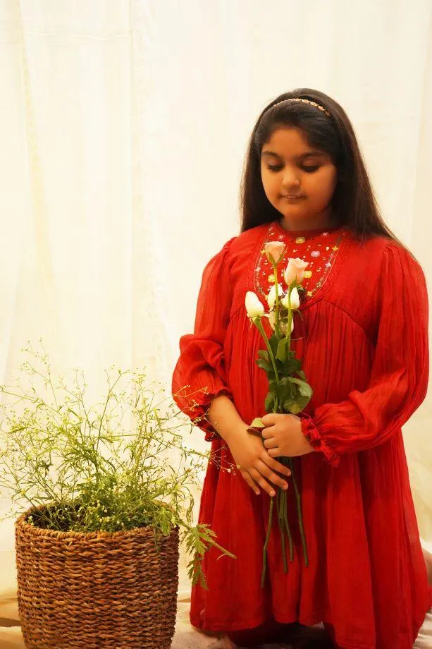 Red Poppy Kurta Set For Girls