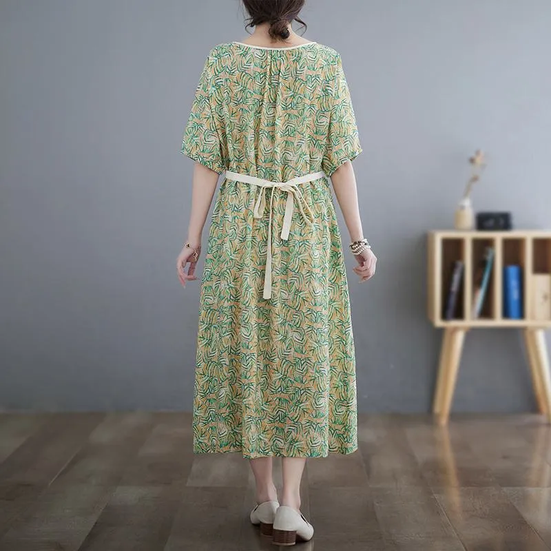 Retro Fine Count Finely Woven Tencel Ramie Print Dress