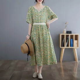 Retro Fine Count Finely Woven Tencel Ramie Print Dress