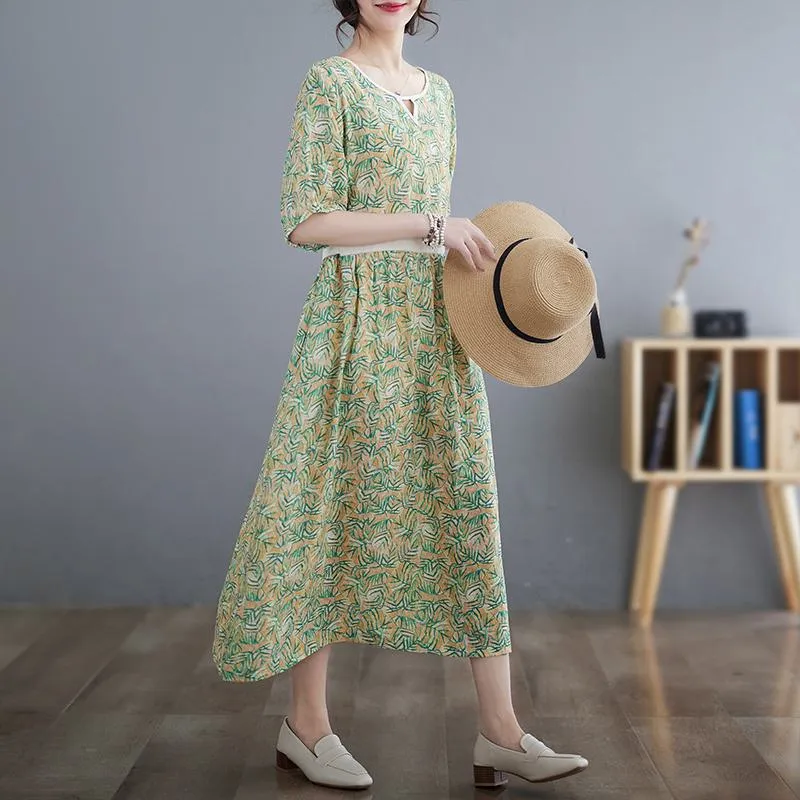 Retro Fine Count Finely Woven Tencel Ramie Print Dress