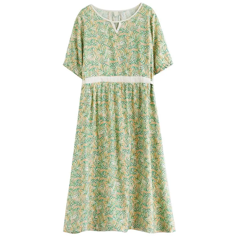 Retro Fine Count Finely Woven Tencel Ramie Print Dress